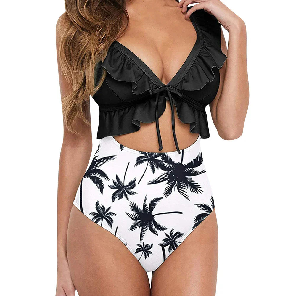 Deep V-neck swimsuit with front tie