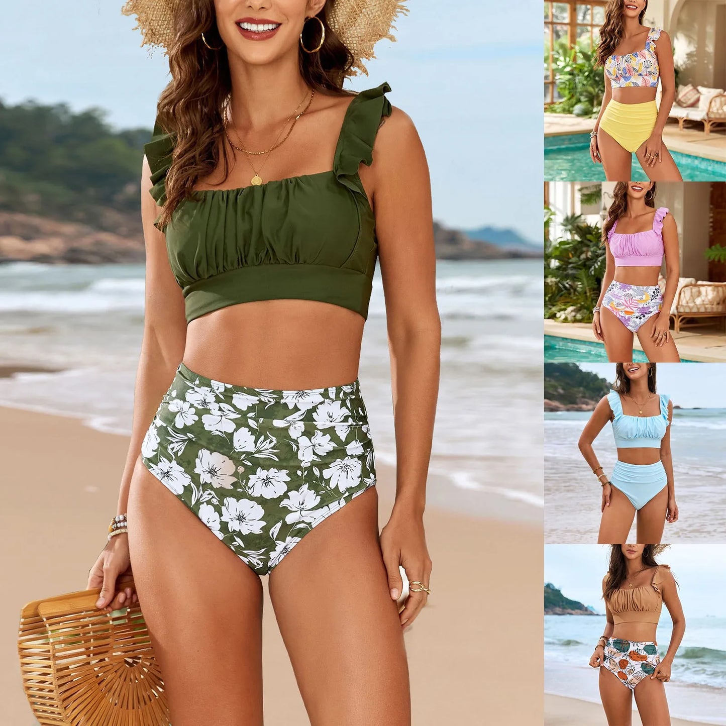 High-waisted tankini with gathered straps