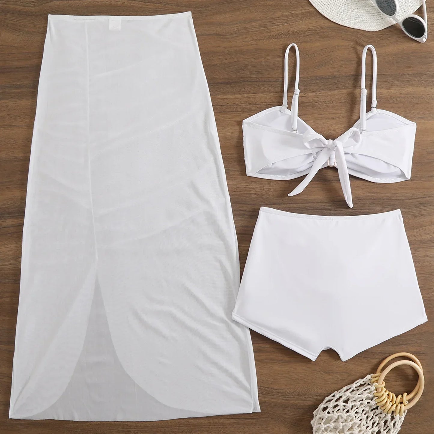 Elegant Mesh Strapless Three-Piece Swimsuit Set