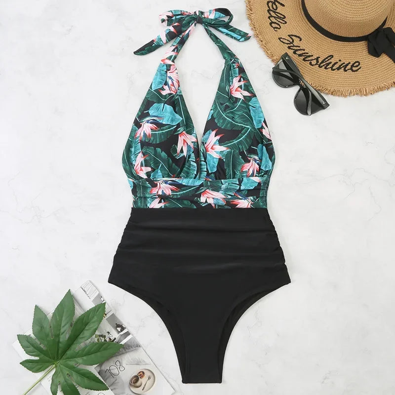 Plunge Halter Swimsuit with Waist Band