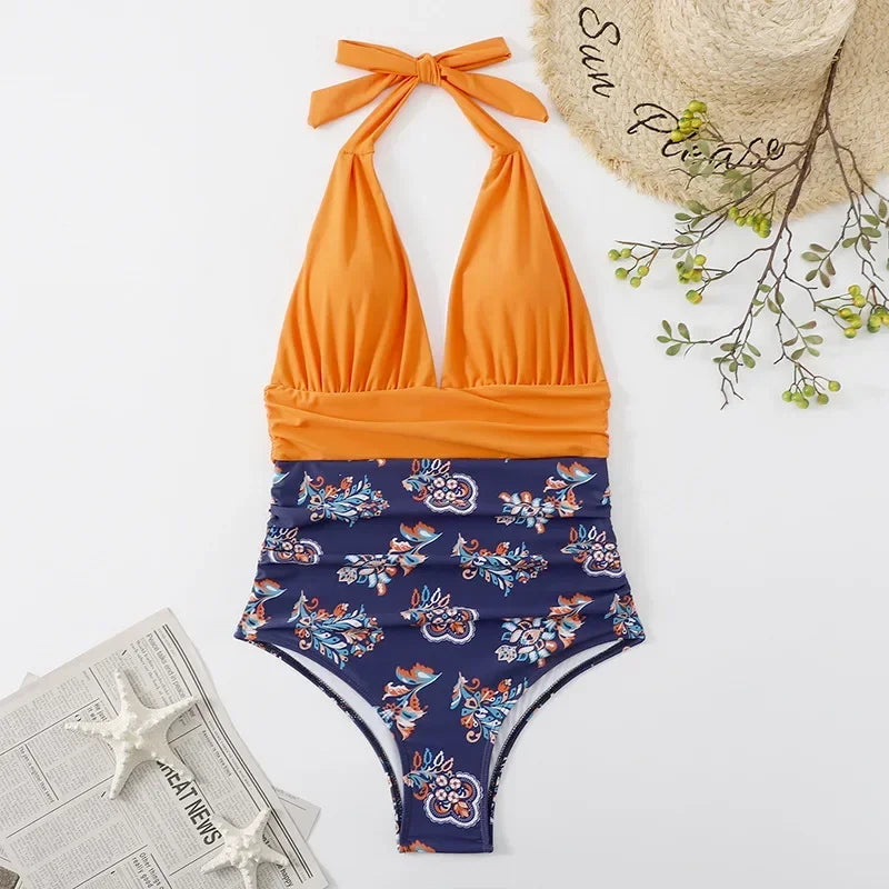 Plunge Halter Swimsuit with Waist Band
