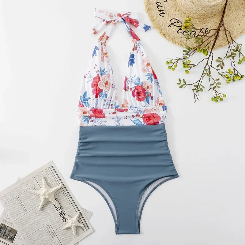 Plunge Halter Swimsuit with Waist Band