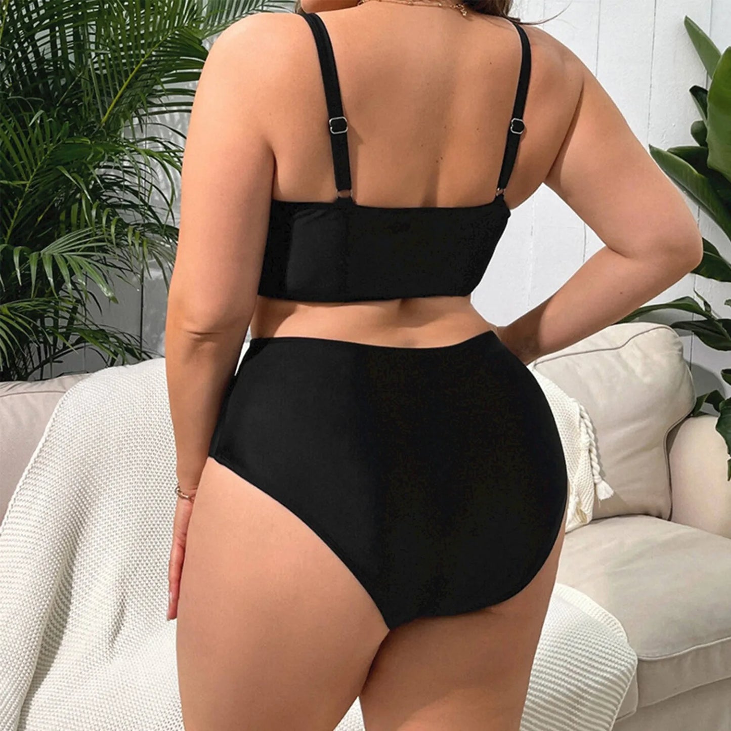 Black V-Neck Bikini with Gold Accent
