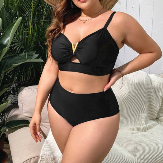 Black V-Neck Bikini with Gold Accent